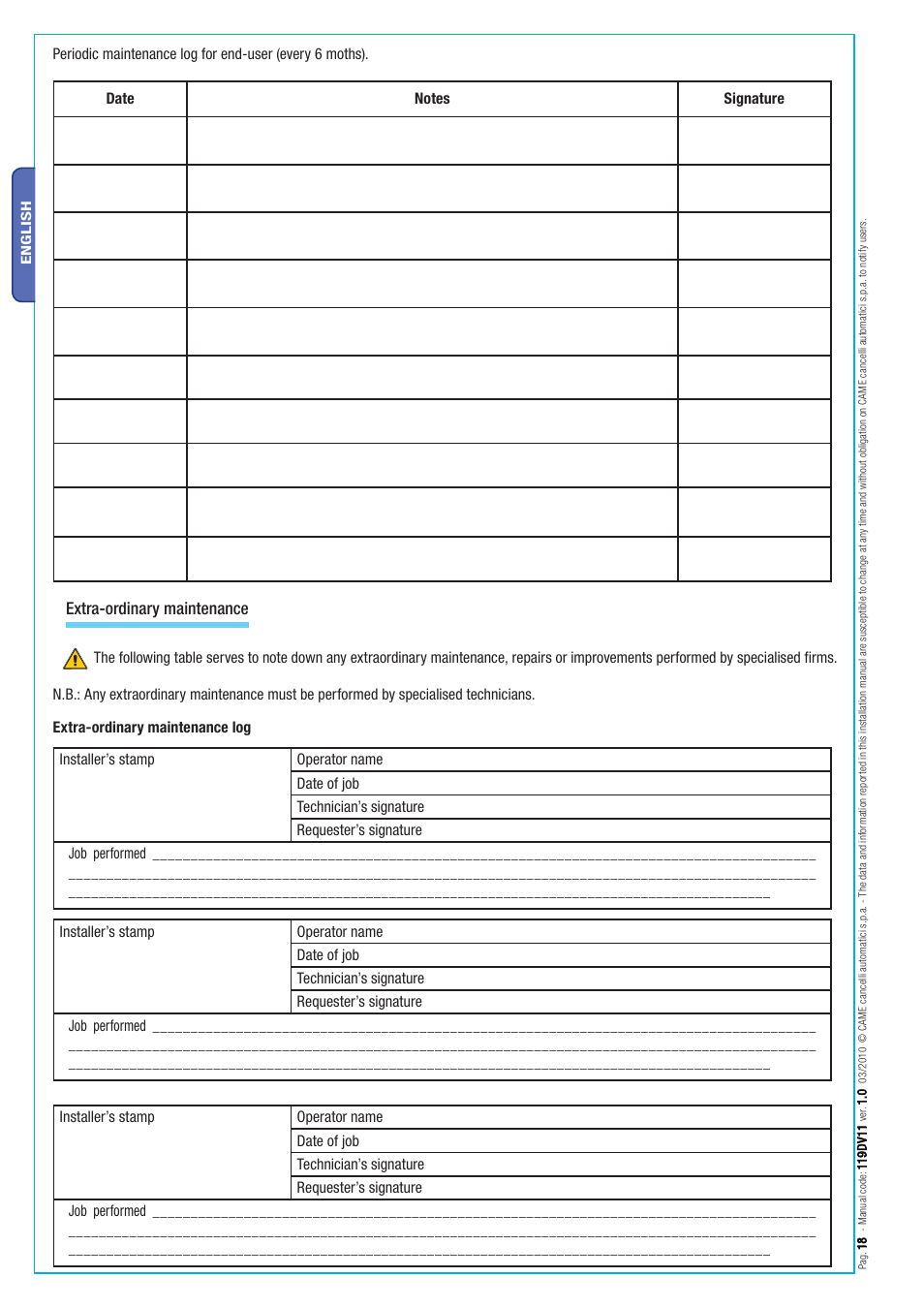 Extra-ordinary maintenance | CAME Stylo User Manual | Page 18 / 20