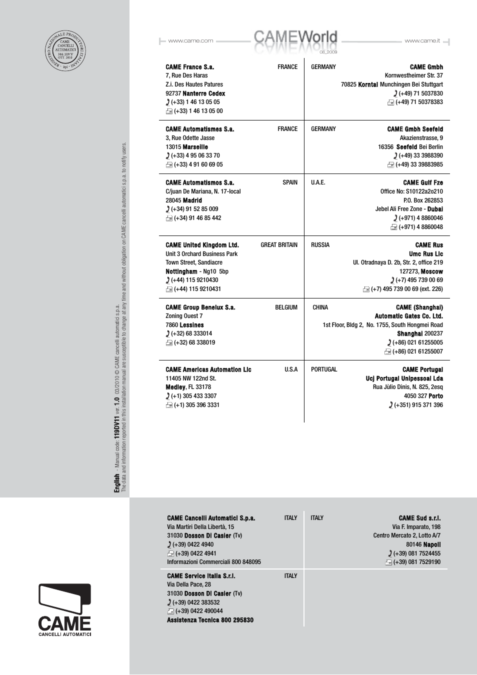 CAME Stylo User Manual | Page 20 / 20