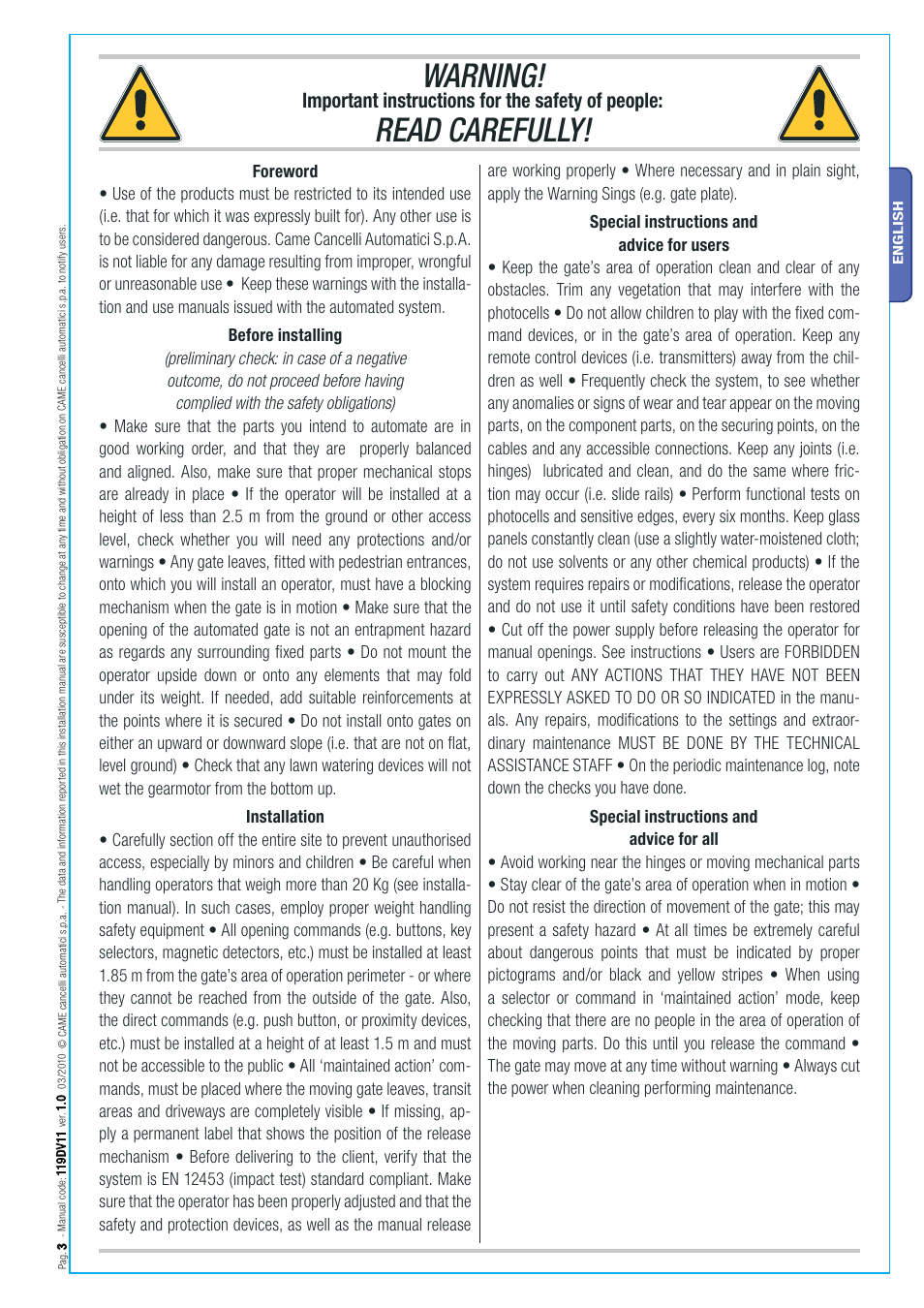 Warning, Read carefully, Important instructions for the safety of people | CAME Stylo User Manual | Page 3 / 20