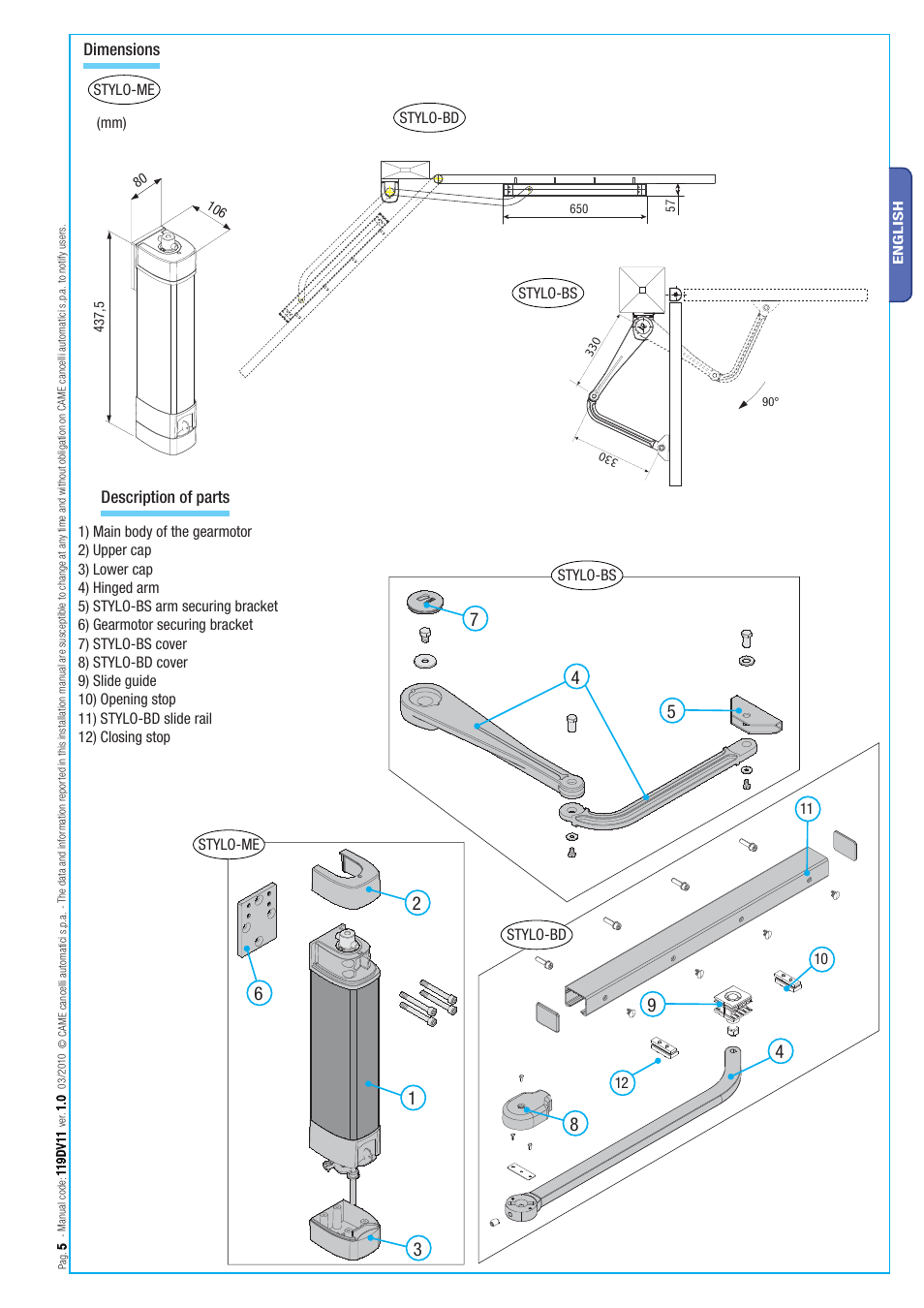 Dimensions description of parts, Stylo-bs stylo-bd, Stylo-me | CAME Stylo User Manual | Page 5 / 20