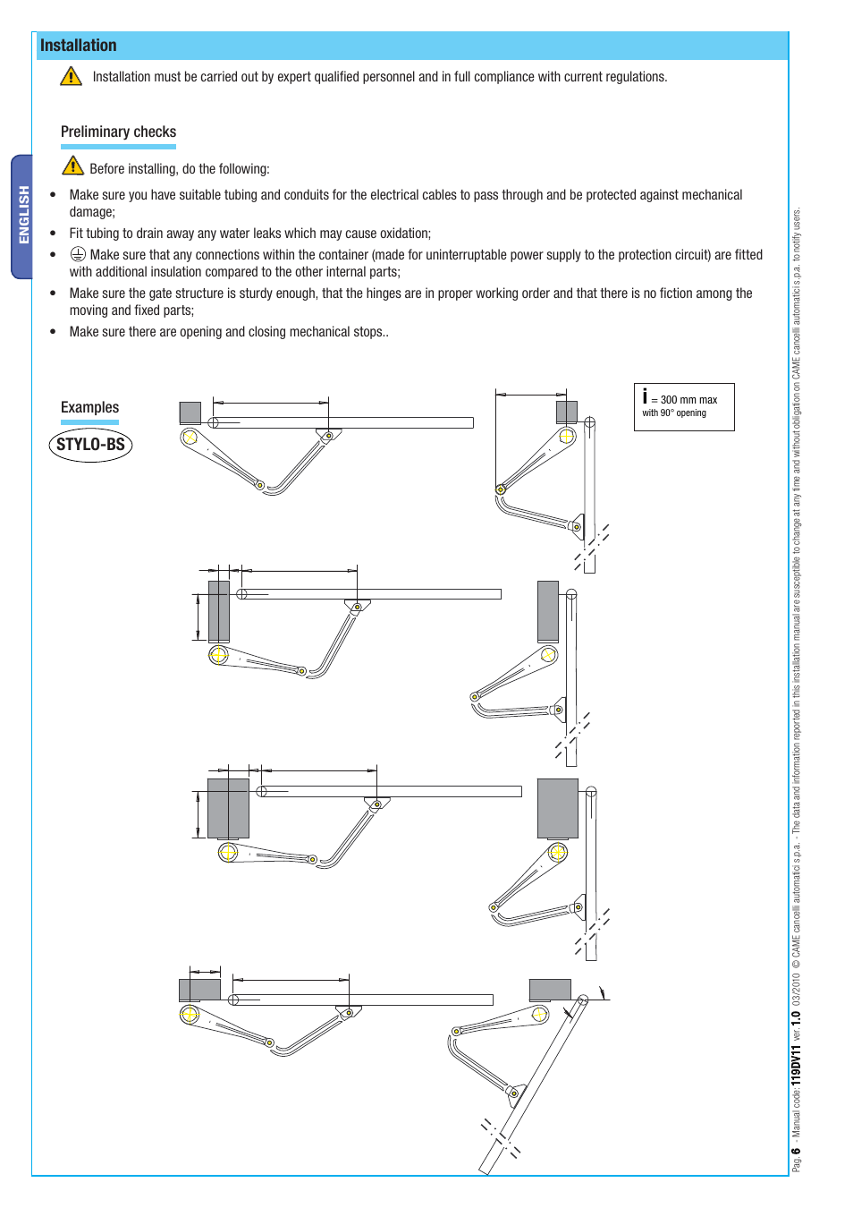 Stylo-bs, Installation, Preliminary checks | Examples | CAME Stylo User Manual | Page 6 / 20