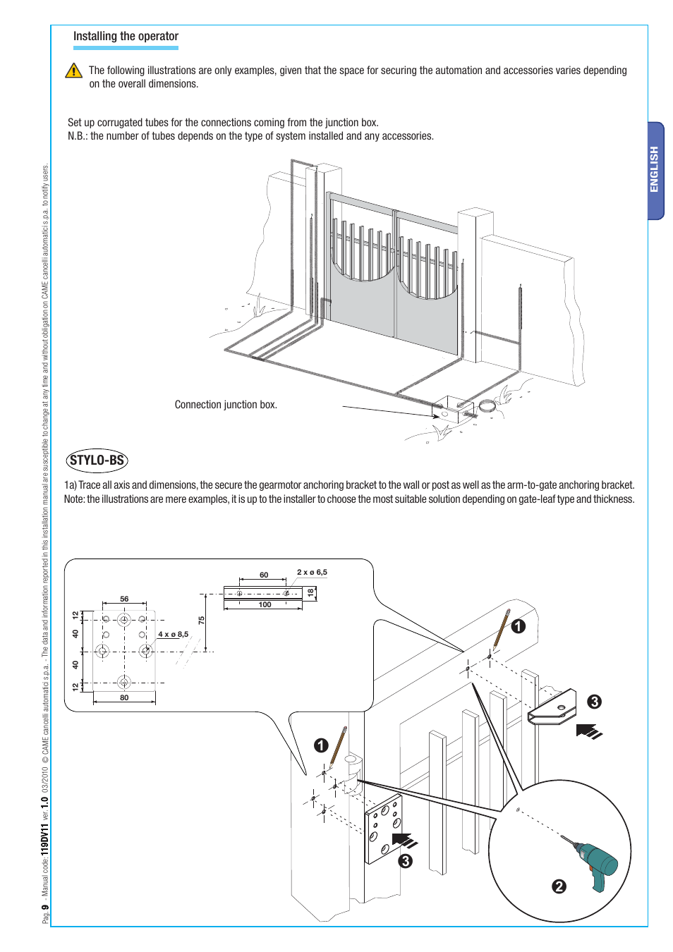 Stylo-bs, Installing the operator | CAME Stylo User Manual | Page 9 / 20