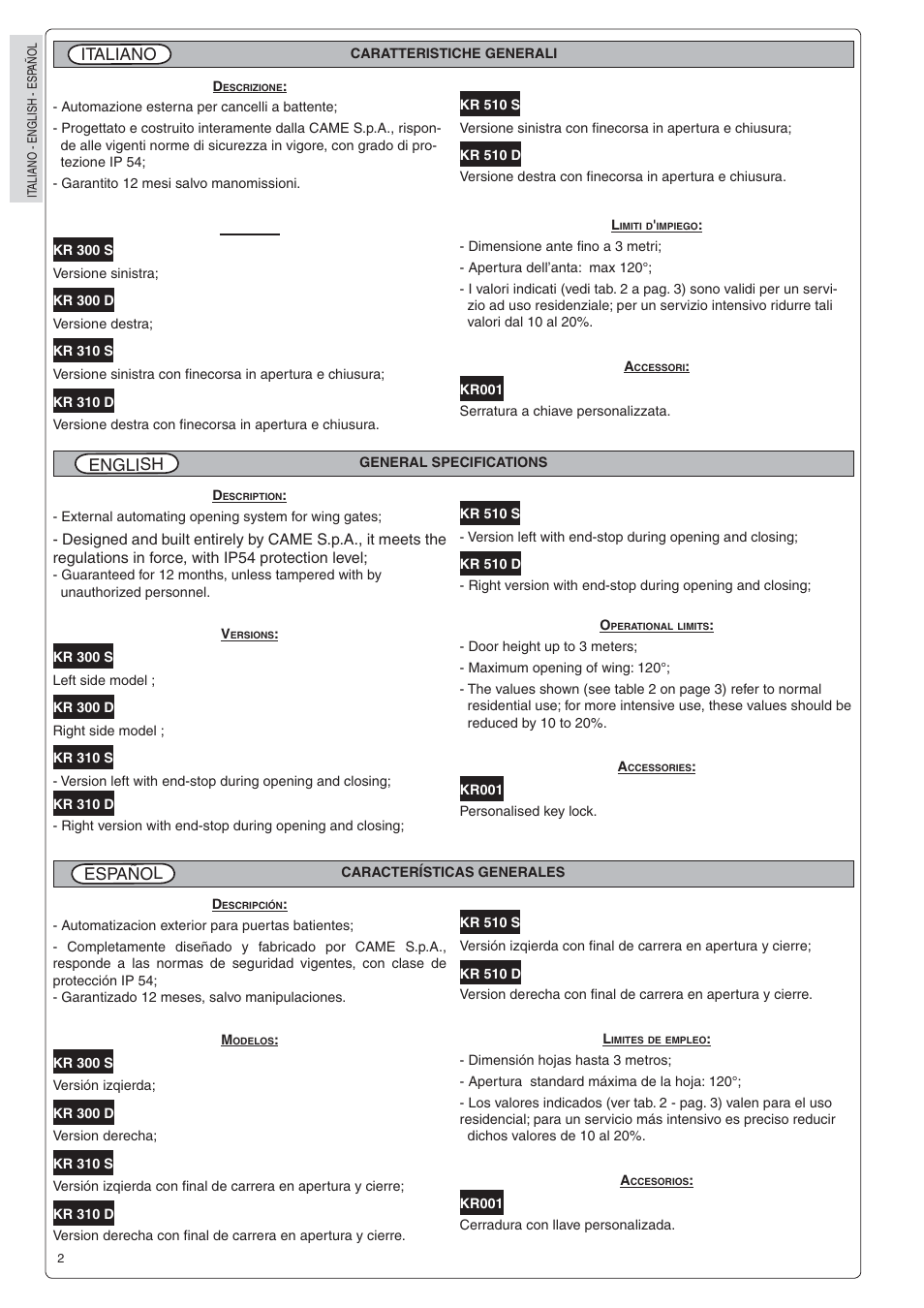 English, Italiano, Español | CAME Krono User Manual | Page 2 / 10