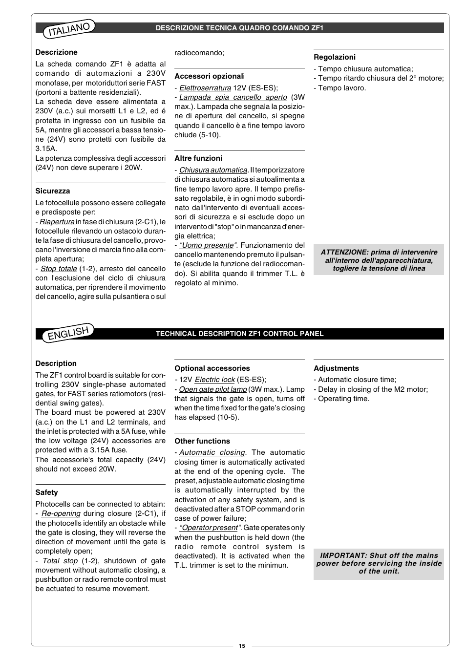 Italiano, English | CAME Fast User Manual | Page 15 / 24