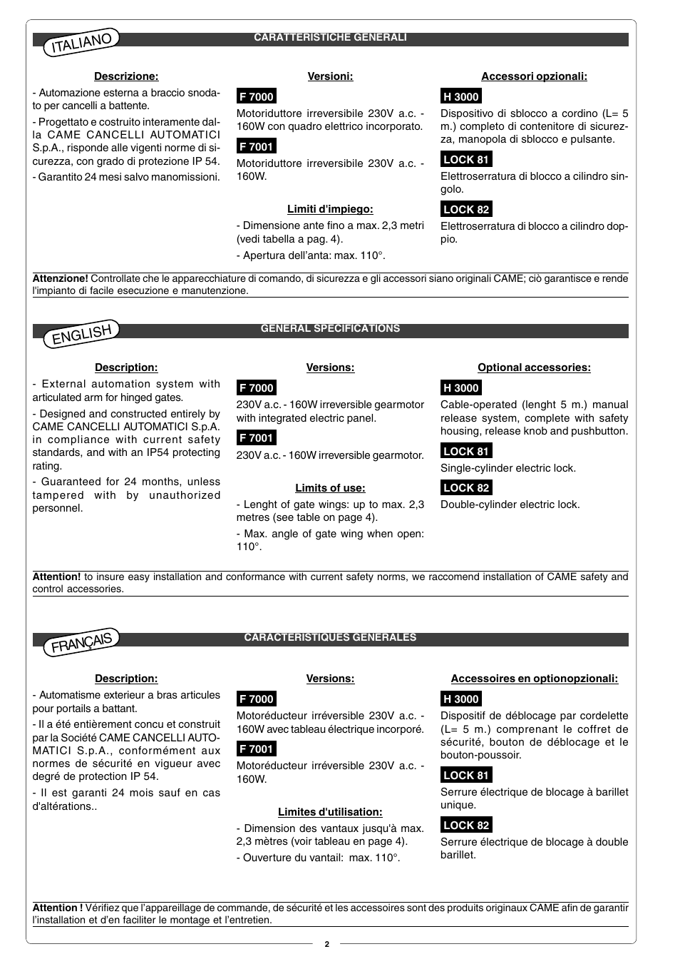 Italiano, English, Français | CAME Fast User Manual | Page 2 / 24
