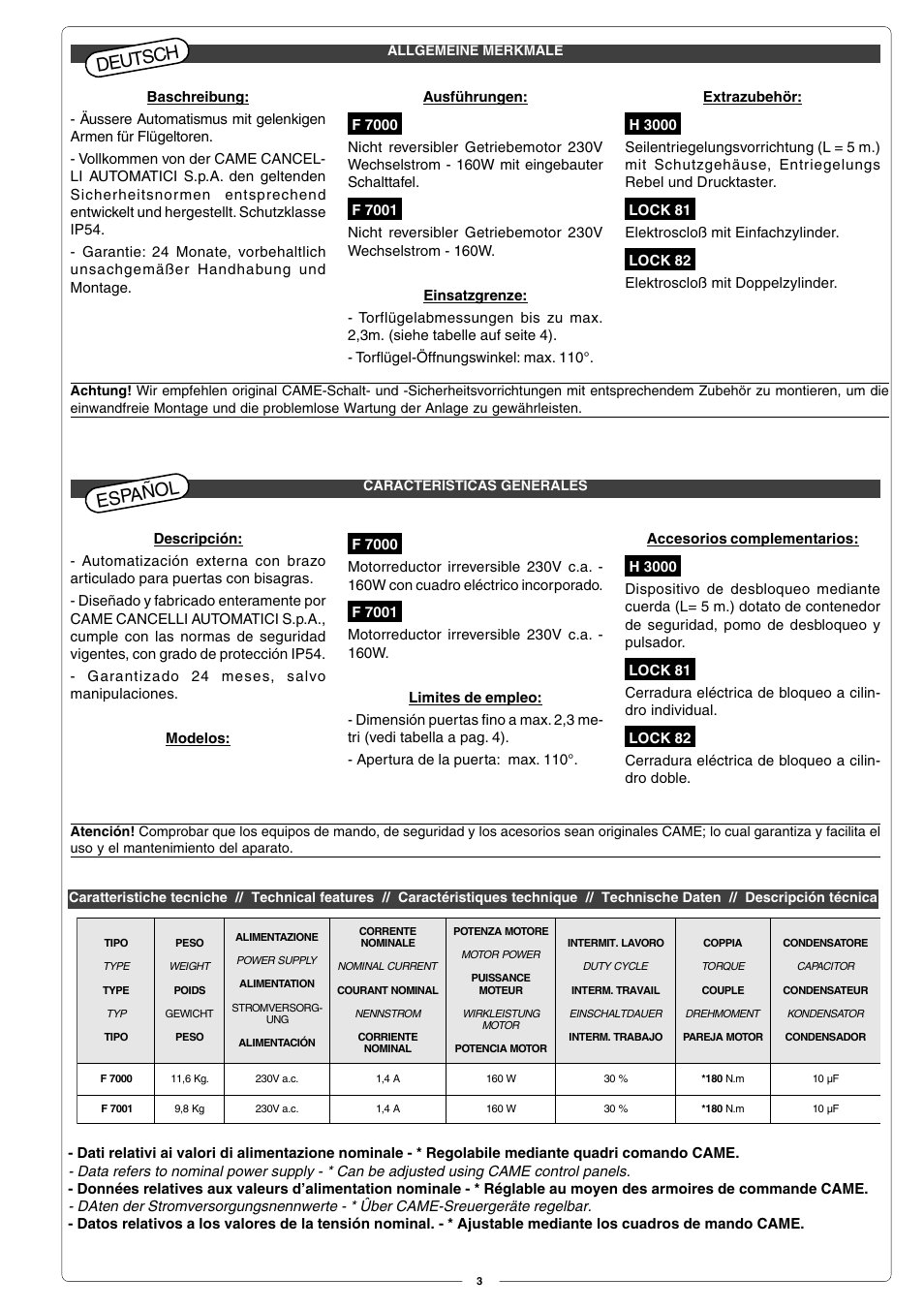 Deutsch, Español | CAME Fast User Manual | Page 3 / 24