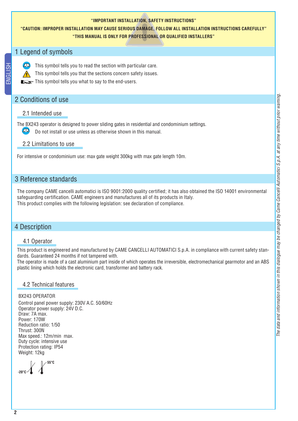 4 description, 1 legend of symbols, 2 conditions of use | 3 reference standards, English, 1 operator, 1 intended use, 2 limitations to use, 2 technical features | CAME BX-243 Kit User Manual | Page 2 / 22