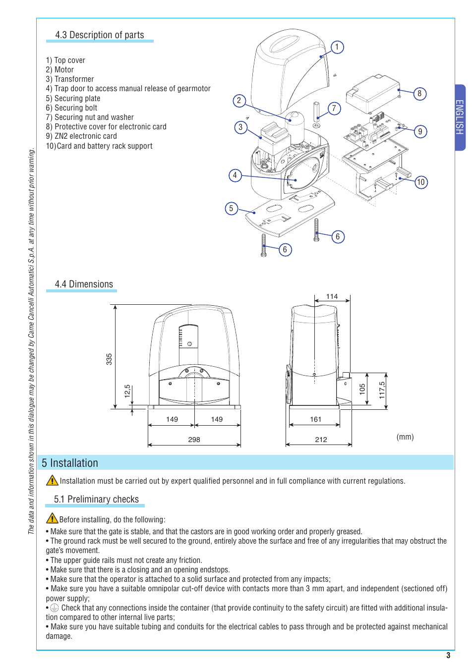 5 installation, English, 4 dimensions 4.3 description of parts | 1 preliminary checks | CAME BX-243 Kit User Manual | Page 3 / 22