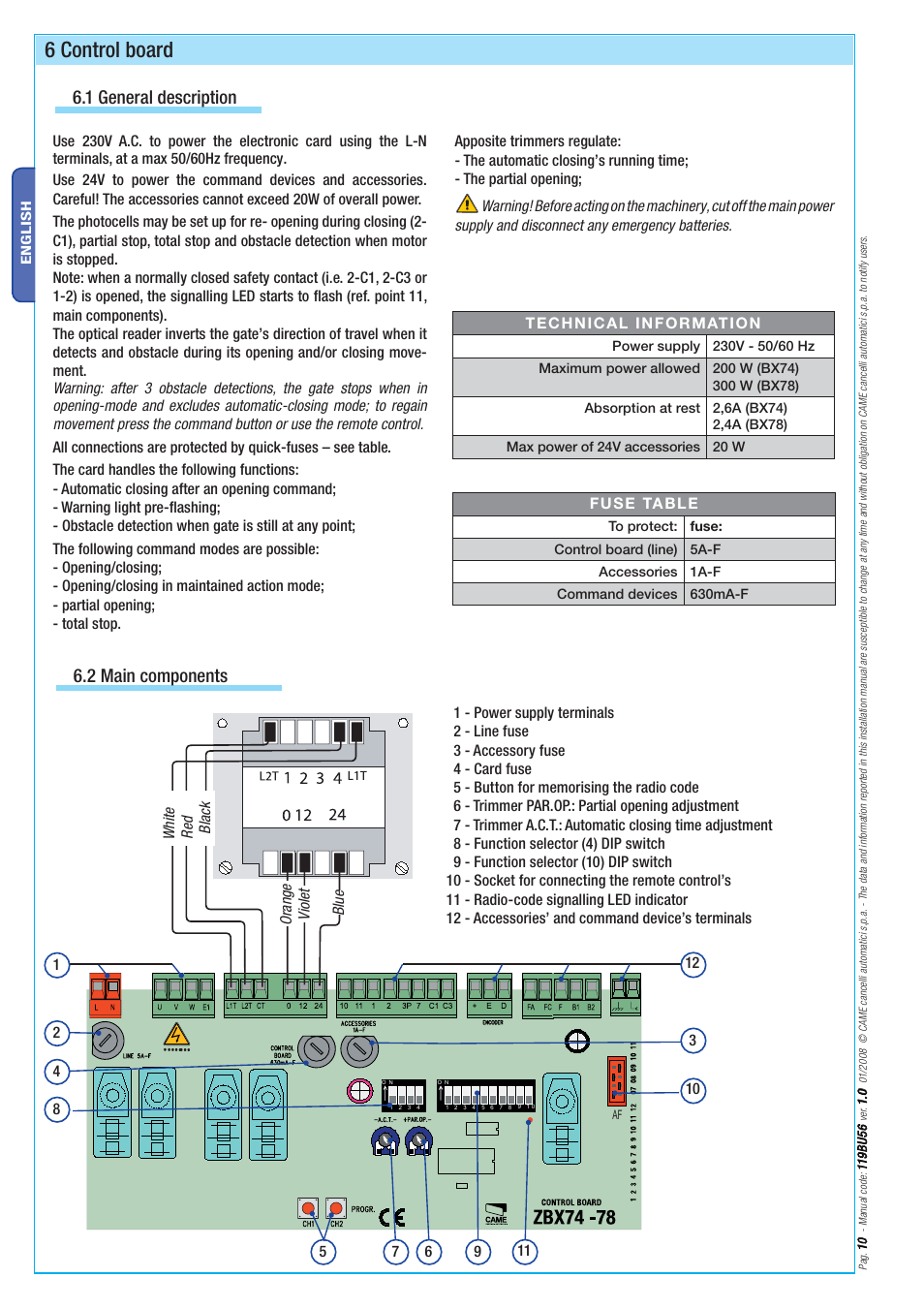 6 control board, 1 general description, 2 main components | CAME BX-78 Kit User Manual | Page 10 / 24