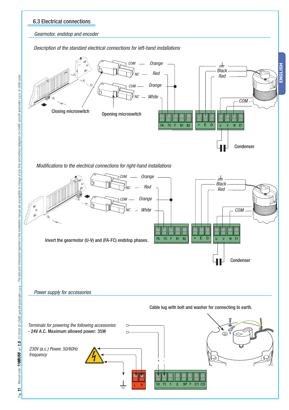 3 electrical connections, Power supply for accessories, Orange | CAME BX-78 Kit User Manual | Page 11 / 24