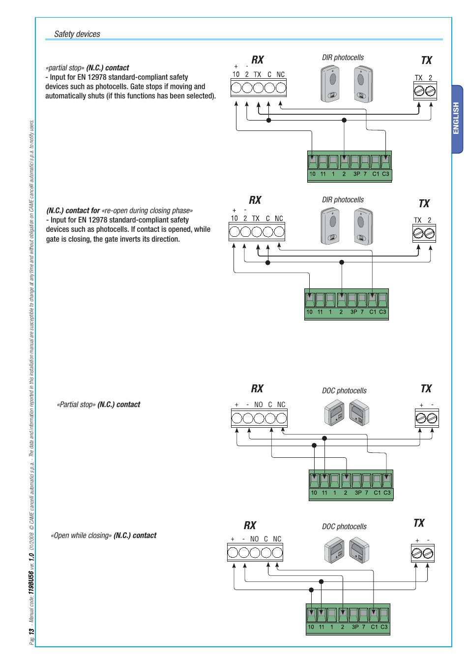 Rx tx, Tx rx, Safety devices | Dir photocells, Partial stop» (n.c.) contact doc photocells, Open while closing» (n.c.) contact doc photocells | CAME BX-78 Kit User Manual | Page 13 / 24