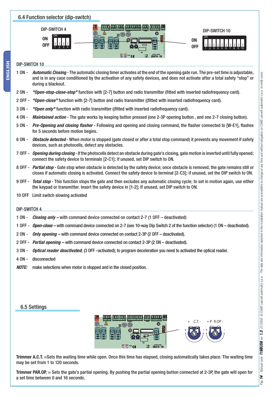 4 function selector (dip-switch), 5 settings, Dip-switch 10 | Dip-switch 4 | CAME BX-78 Kit User Manual | Page 14 / 24