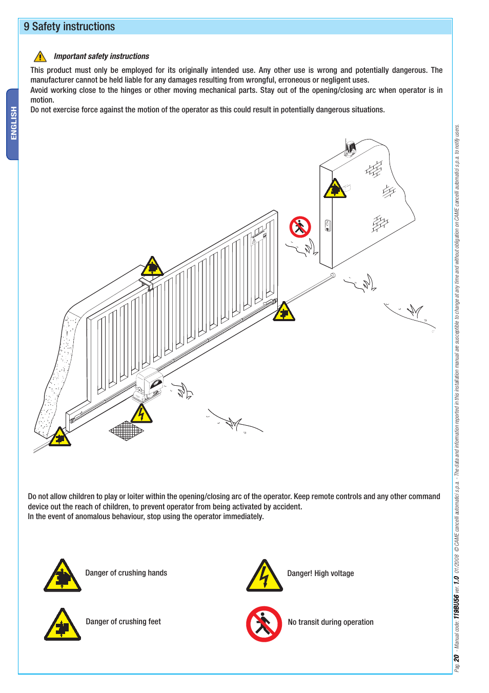 9 safety instructions | CAME BX-78 Kit User Manual | Page 20 / 24