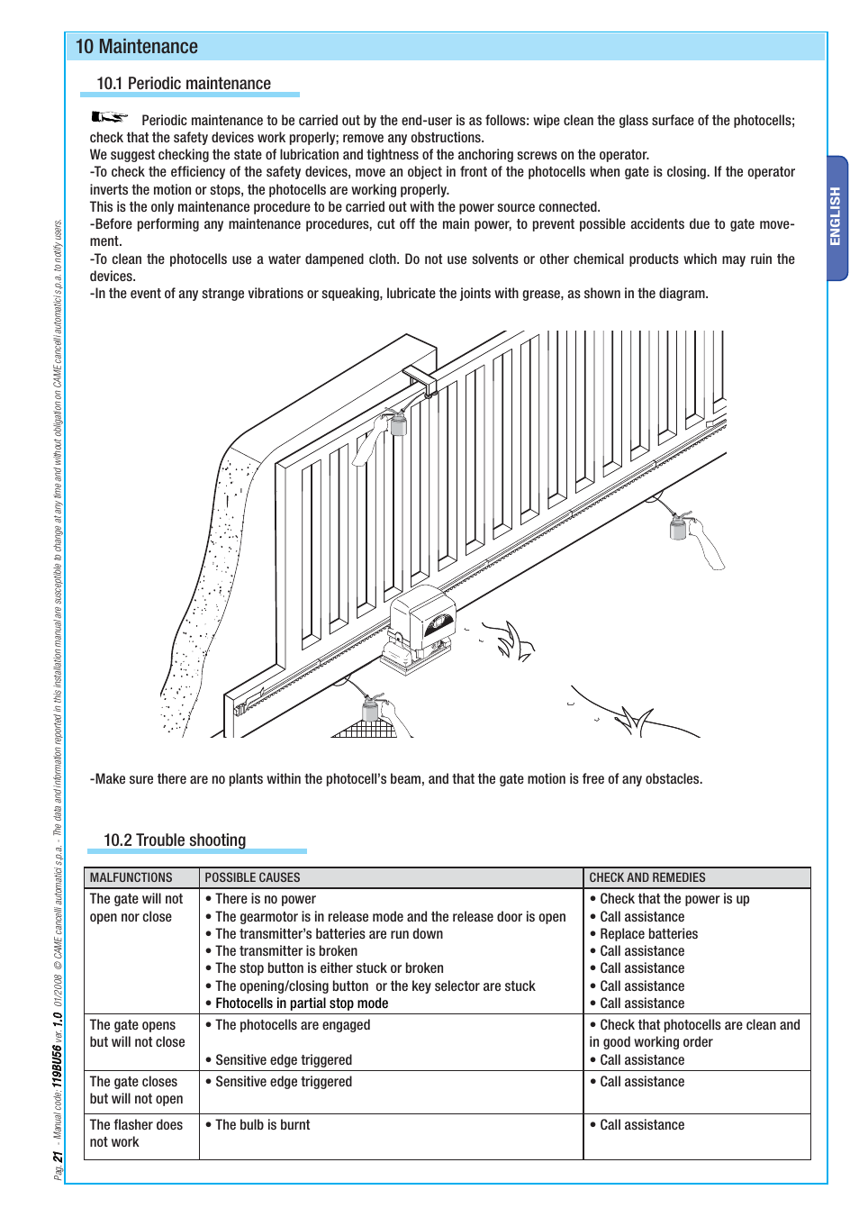 10 maintenance, 1 periodic maintenance, 2 trouble shooting | CAME BX-78 Kit User Manual | Page 21 / 24