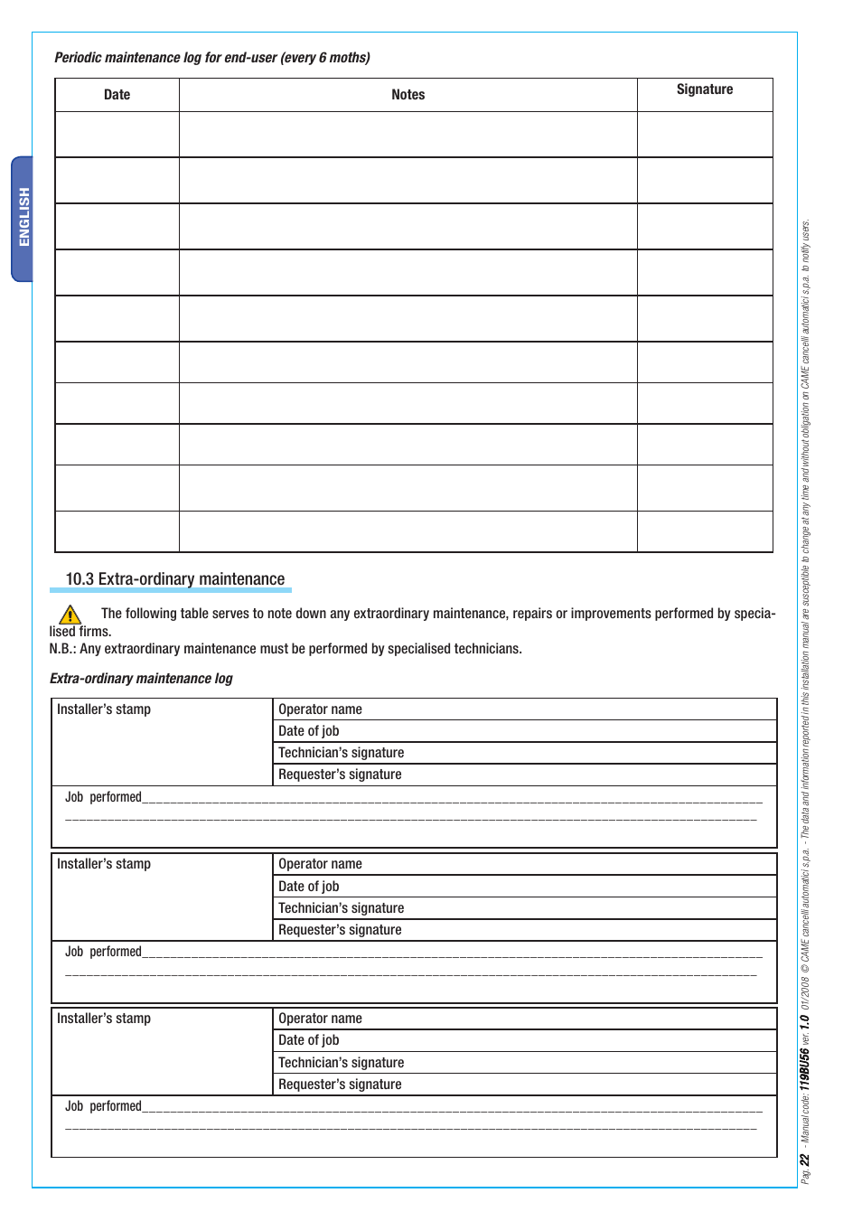 3 extra-ordinary maintenance | CAME BX-78 Kit User Manual | Page 22 / 24