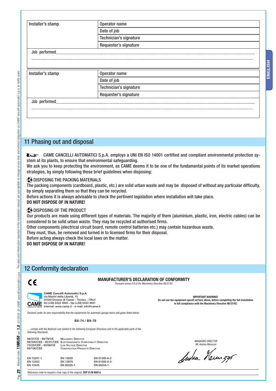 11 phasing out and disposal, 12 conformity declaration | CAME BX-78 Kit User Manual | Page 23 / 24