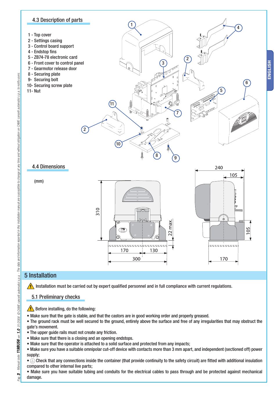 5 installation, 4 dimensions 4.3 description of parts, 1 preliminary checks | CAME BX-78 Kit User Manual | Page 3 / 24