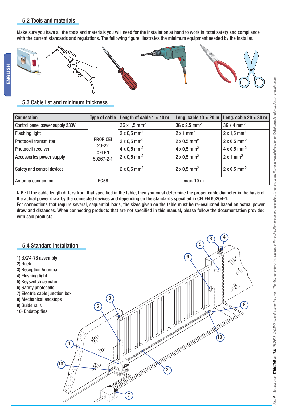 3 cable list and minimum thickness, 2 tools and materials, 4 standard installation | CAME BX-78 Kit User Manual | Page 4 / 24