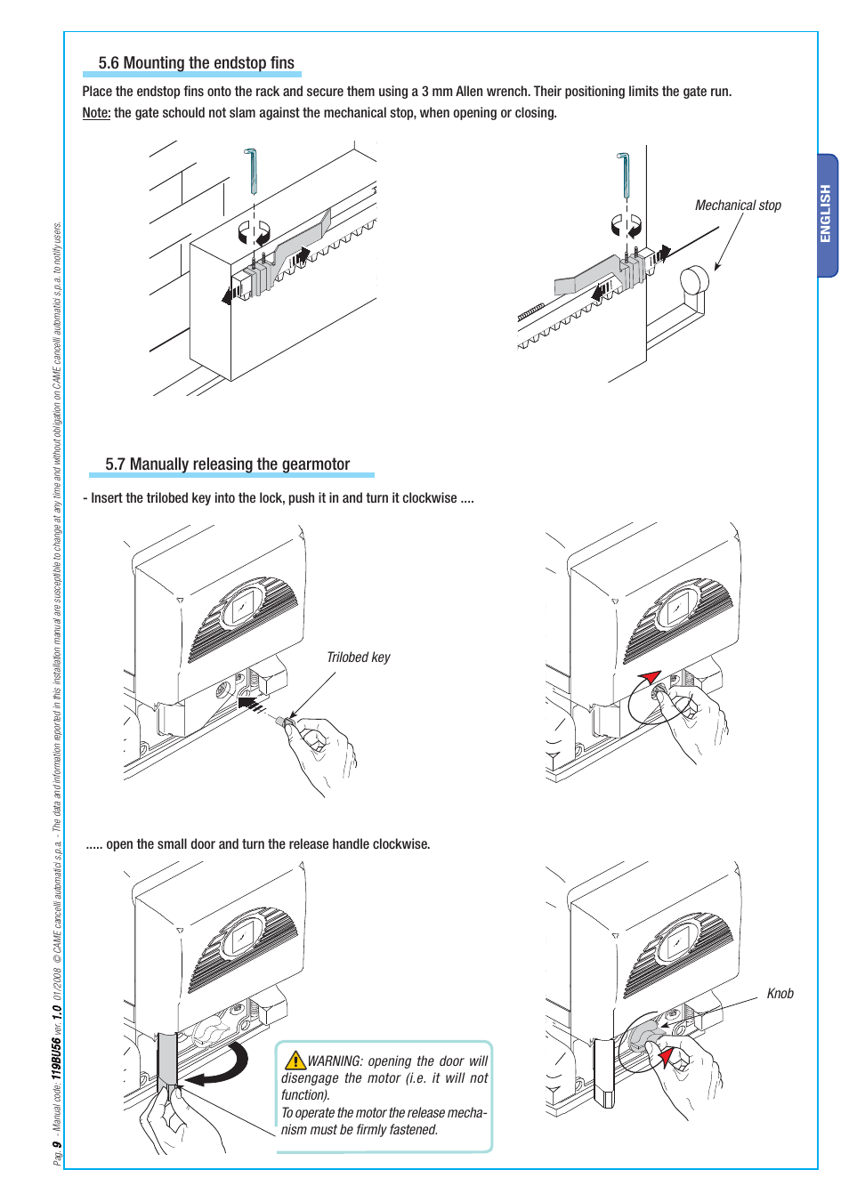 7 manually releasing the gearmotor, 6 mounting the endstop fins | CAME BX-78 Kit User Manual | Page 9 / 24