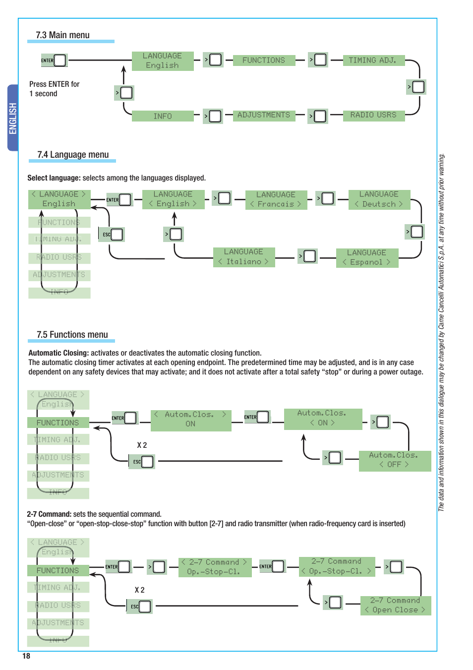 English, 3 main menu, 4 language menu | 5 functions menu | CAME BX-10 Kit User Manual | Page 18 / 34