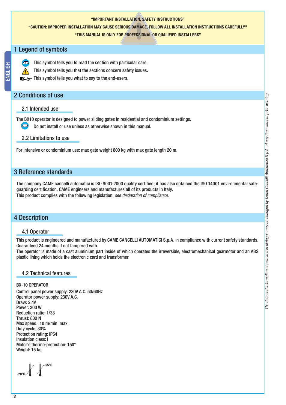 4 description, 1 legend of symbols, 2 conditions of use | 3 reference standards | CAME BX-10 Kit User Manual | Page 2 / 34