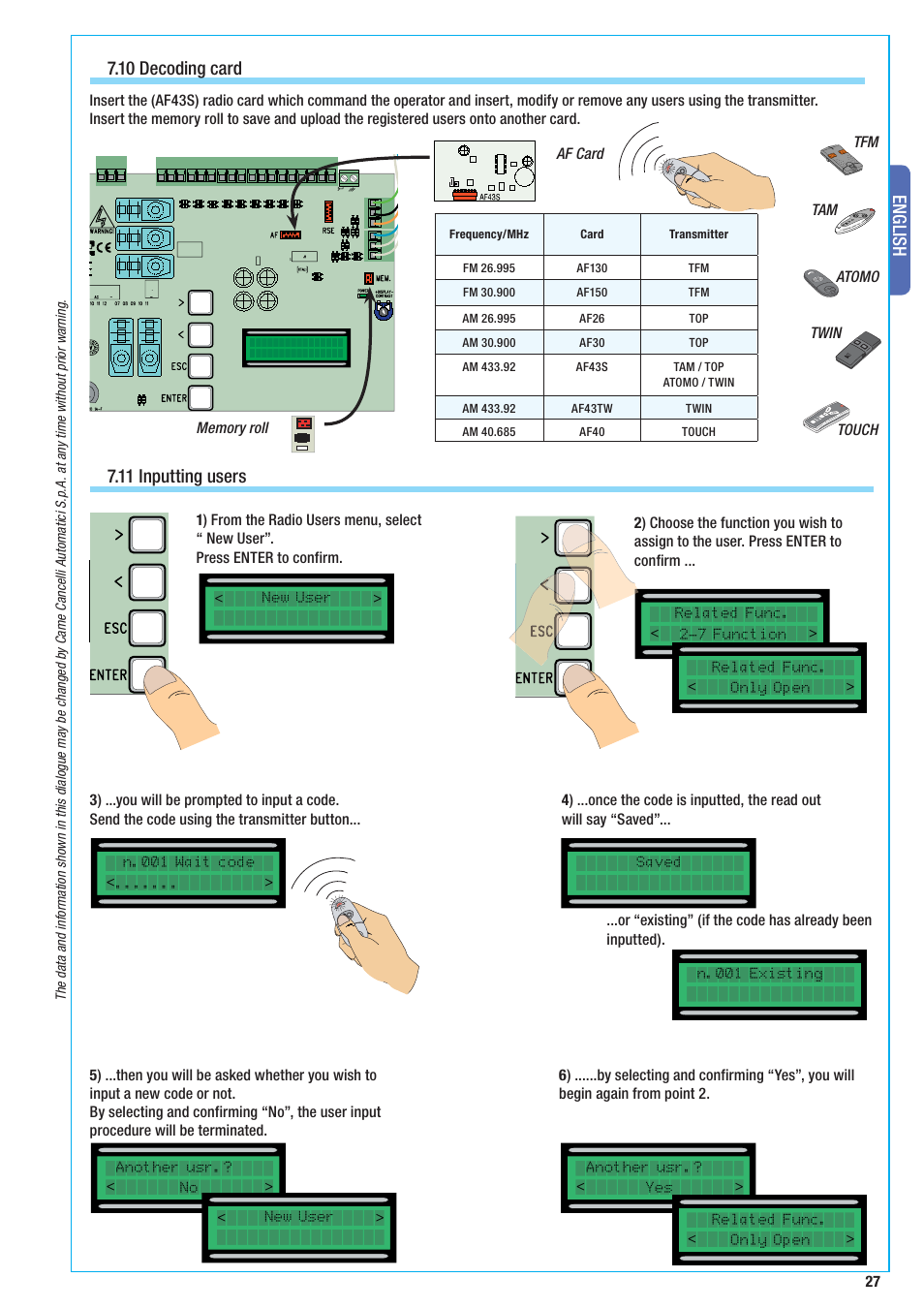 English, 10 decoding card, 11 inputting users | CAME BX-10 Kit User Manual | Page 27 / 34