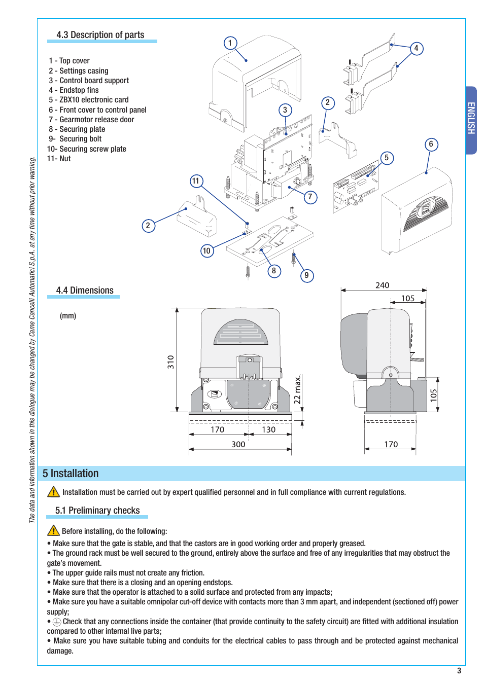 5 installation, English, 4 dimensions 4.3 description of parts | 1 preliminary checks | CAME BX-10 Kit User Manual | Page 3 / 34