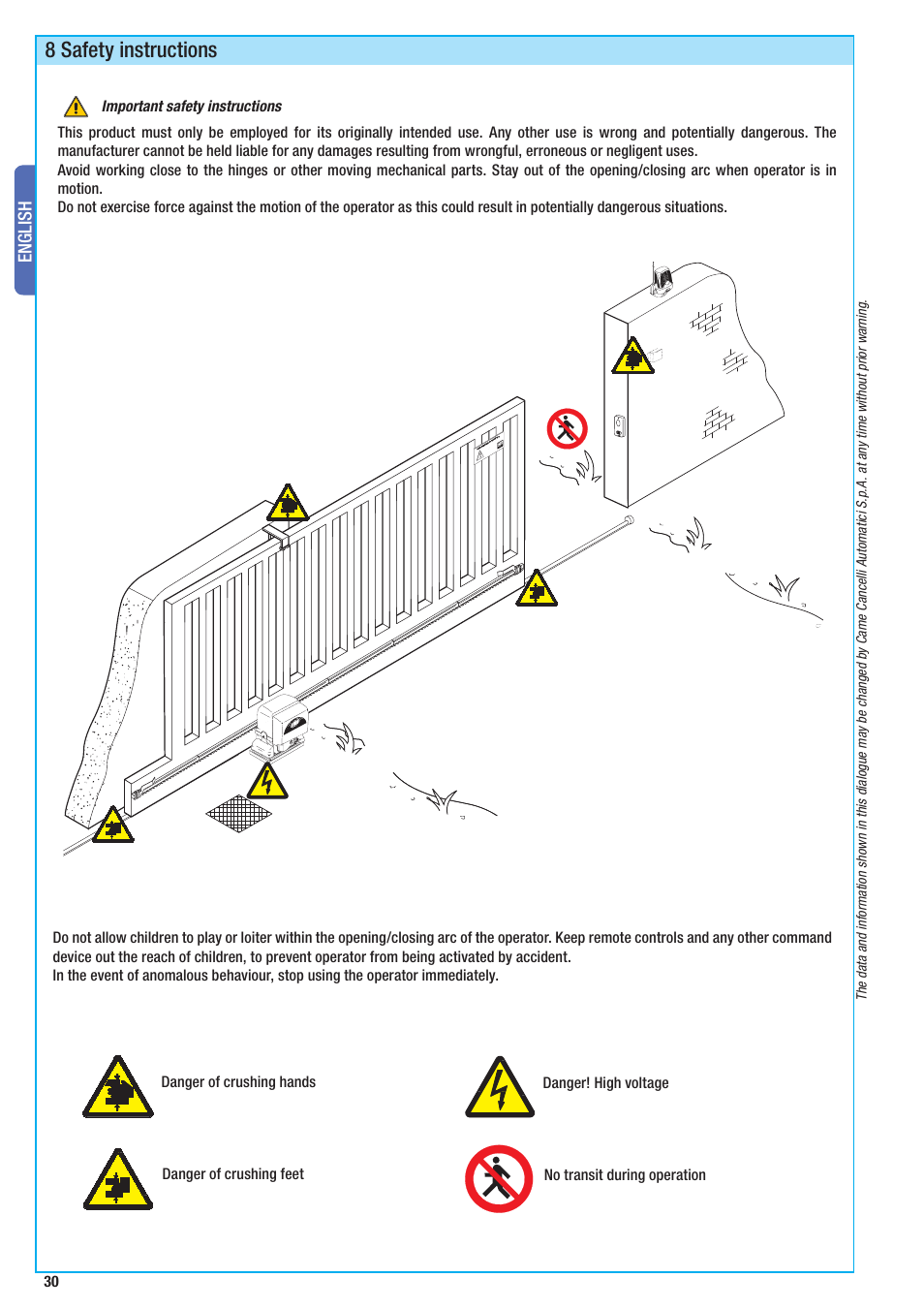 8 safety instructions, English | CAME BX-10 Kit User Manual | Page 30 / 34