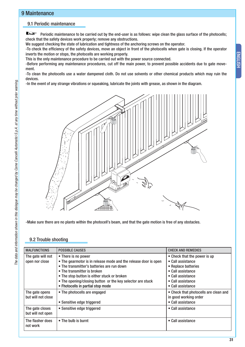 9 maintenance, English, 1 periodic maintenance | 2 trouble shooting | CAME BX-10 Kit User Manual | Page 31 / 34