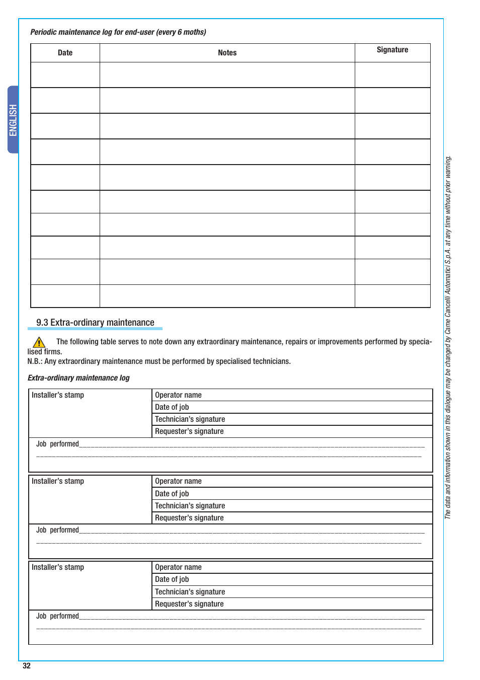 English, 3 extra-ordinary maintenance | CAME BX-10 Kit User Manual | Page 32 / 34