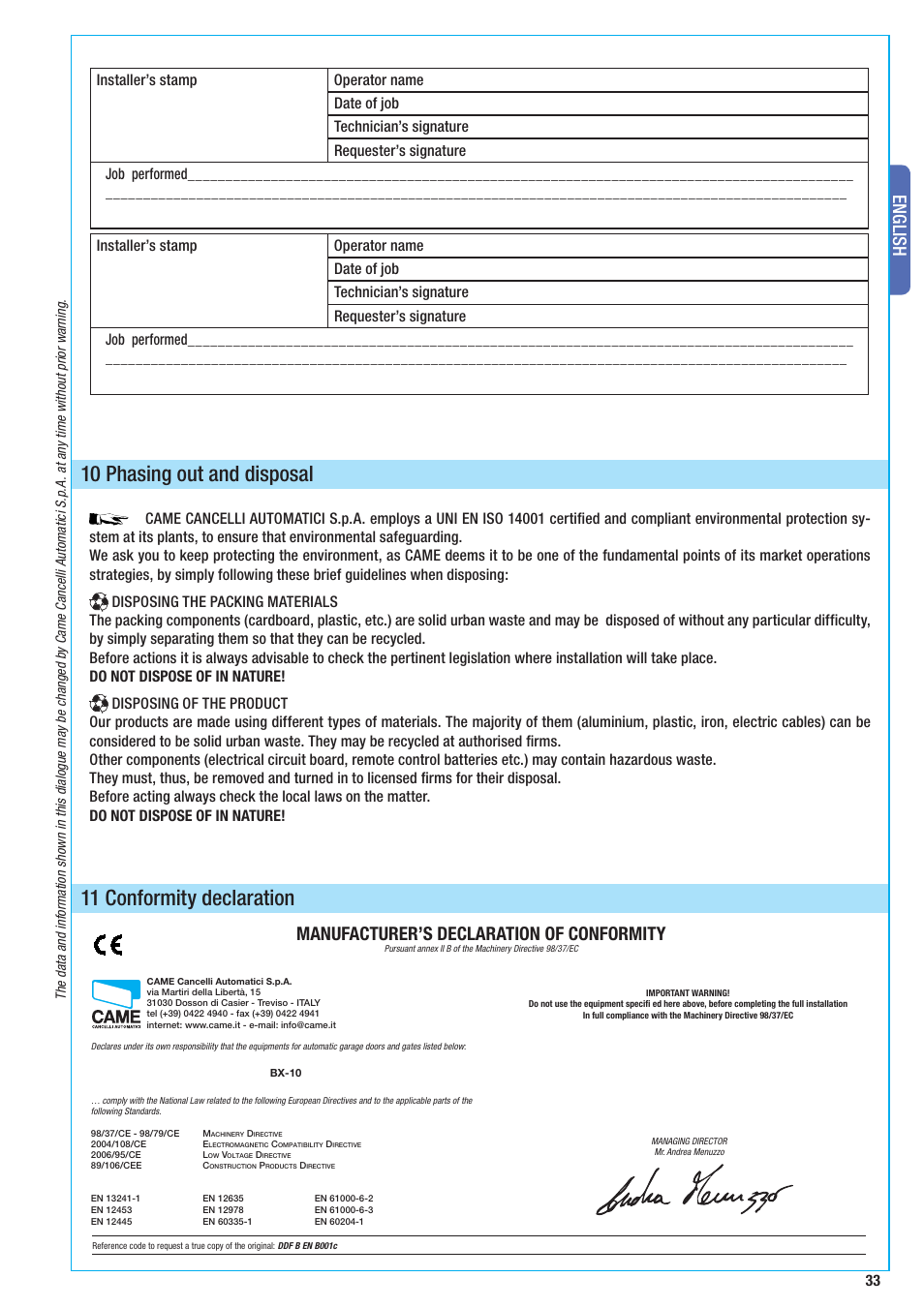 10 phasing out and disposal, 11 conformity declaration, English | Manufacturer’s declaration of conformity | CAME BX-10 Kit User Manual | Page 33 / 34