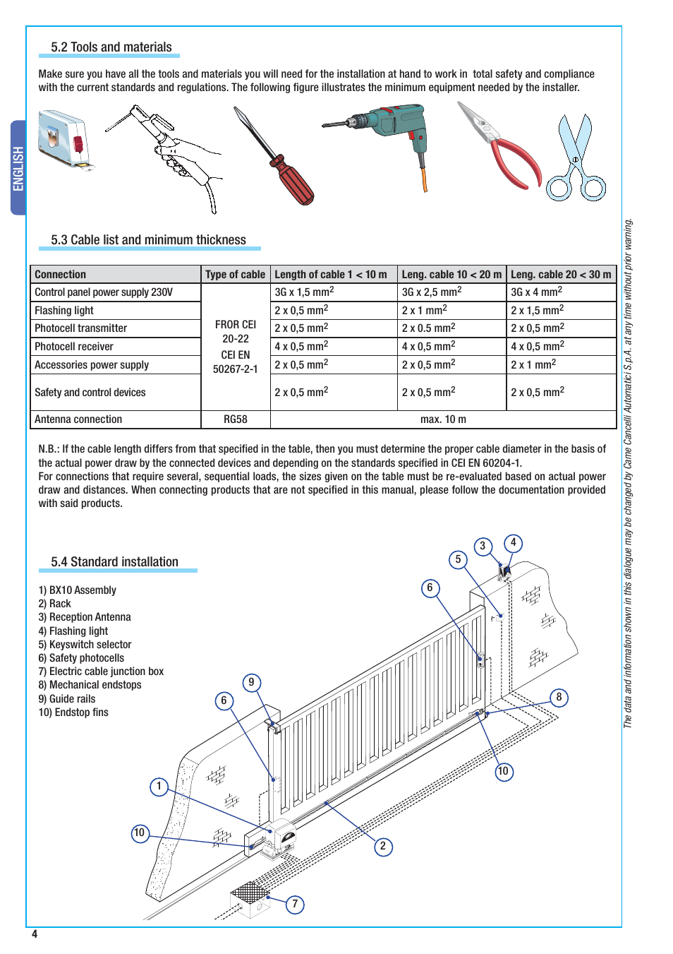 English, 3 cable list and minimum thickness, 2 tools and materials | 4 standard installation | CAME BX-10 Kit User Manual | Page 4 / 34