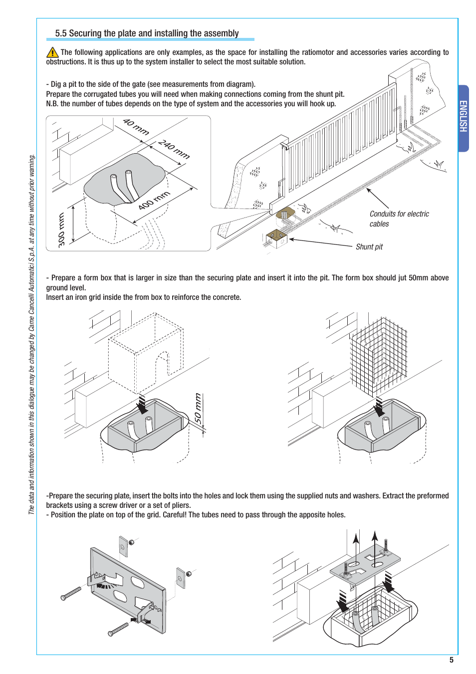 English, 5 securing the plate and installing the assembly | CAME BX-10 Kit User Manual | Page 5 / 34