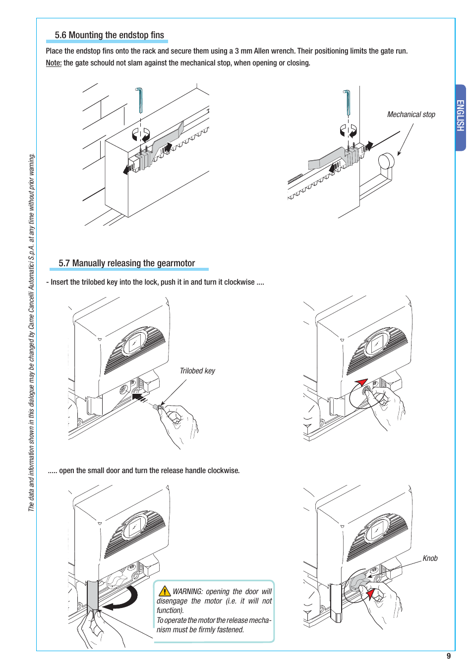 English, 7 manually releasing the gearmotor, 6 mounting the endstop fins | CAME BX-10 Kit User Manual | Page 9 / 34