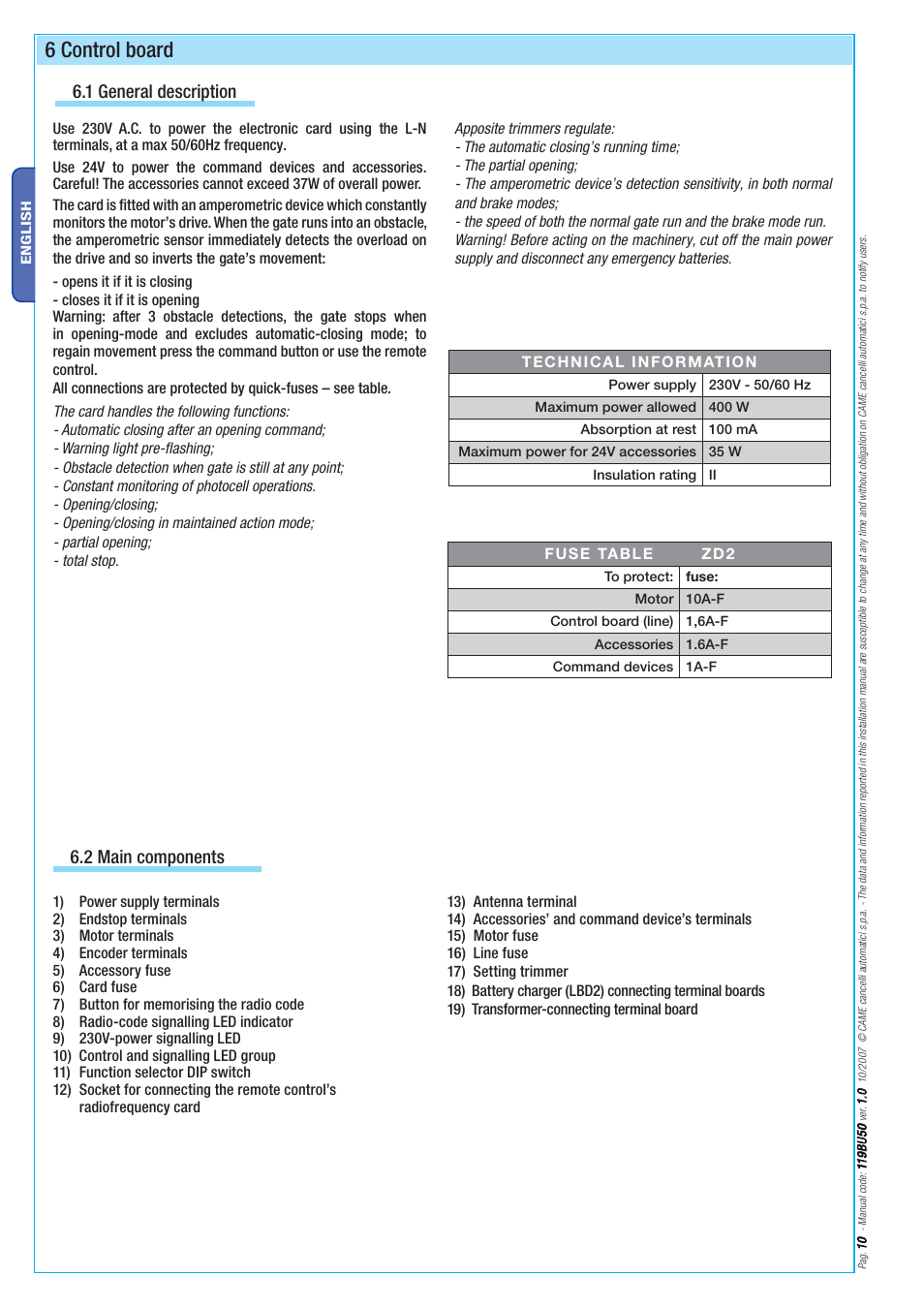 6 control board, 1 general description, 2 main components | CAME BX-246 Kit User Manual | Page 10 / 24