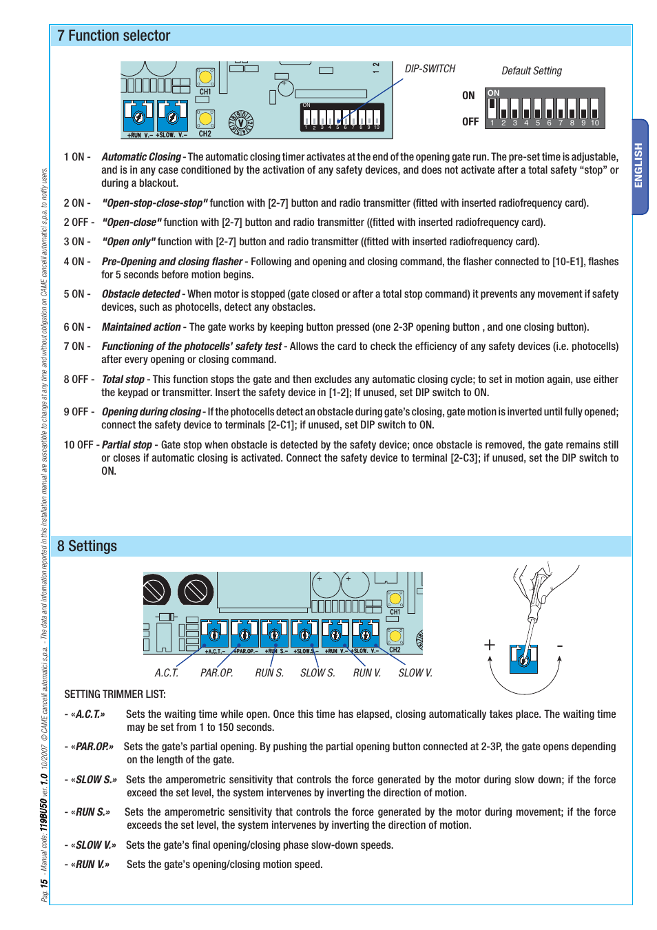 7 function selector, 8 settings | CAME BX-246 Kit User Manual | Page 15 / 24