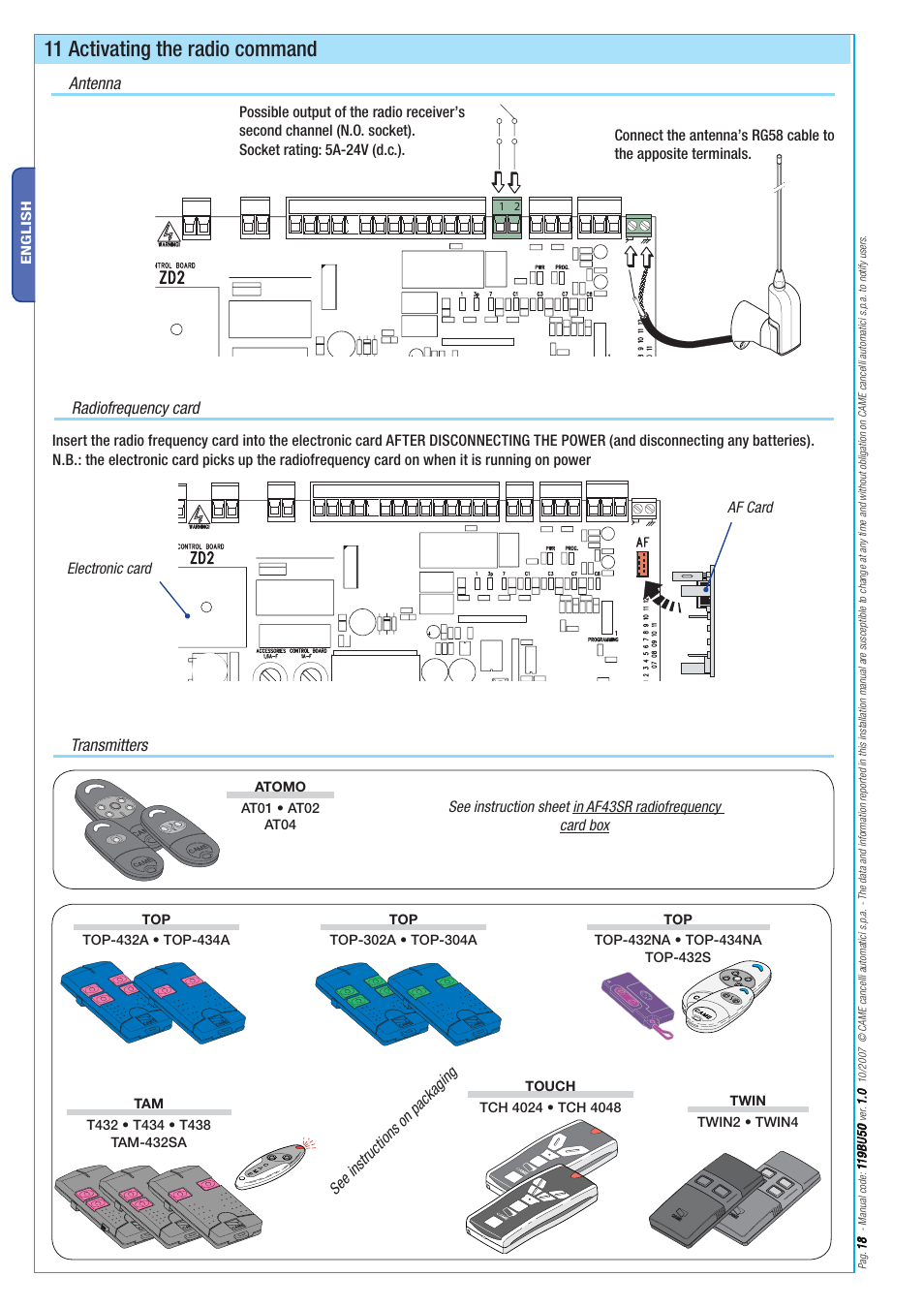 11 activating the radio command, Transmitters, Antenna radiofrequency card | CAME BX-246 Kit User Manual | Page 18 / 24