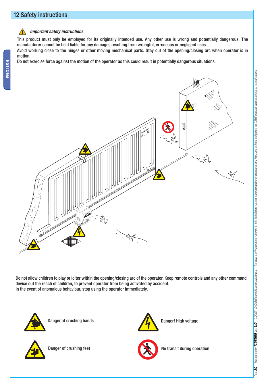 12 safety instructions | CAME BX-246 Kit User Manual | Page 20 / 24