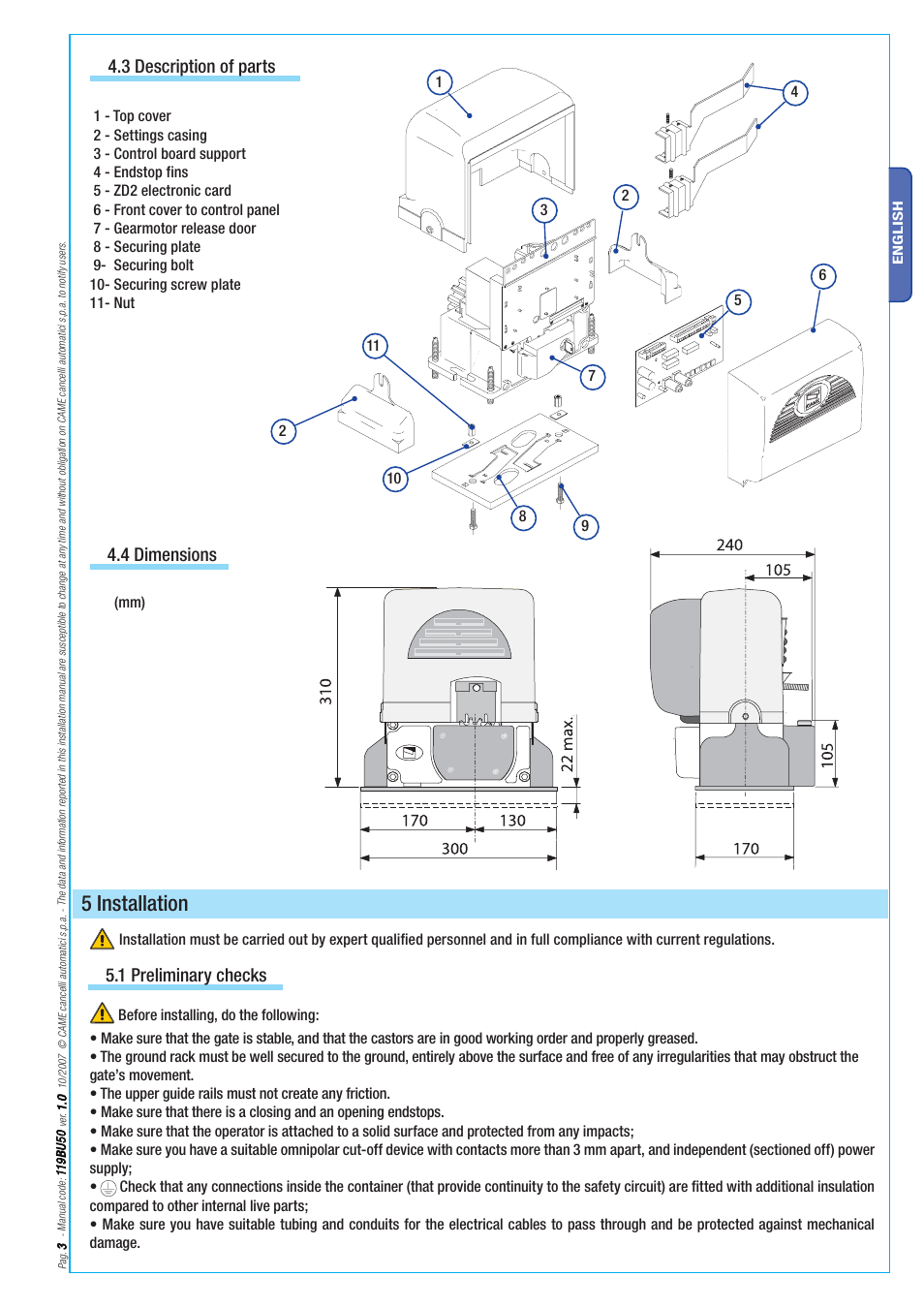5 installation, 4 dimensions 4.3 description of parts, 1 preliminary checks | CAME BX-246 Kit User Manual | Page 3 / 24