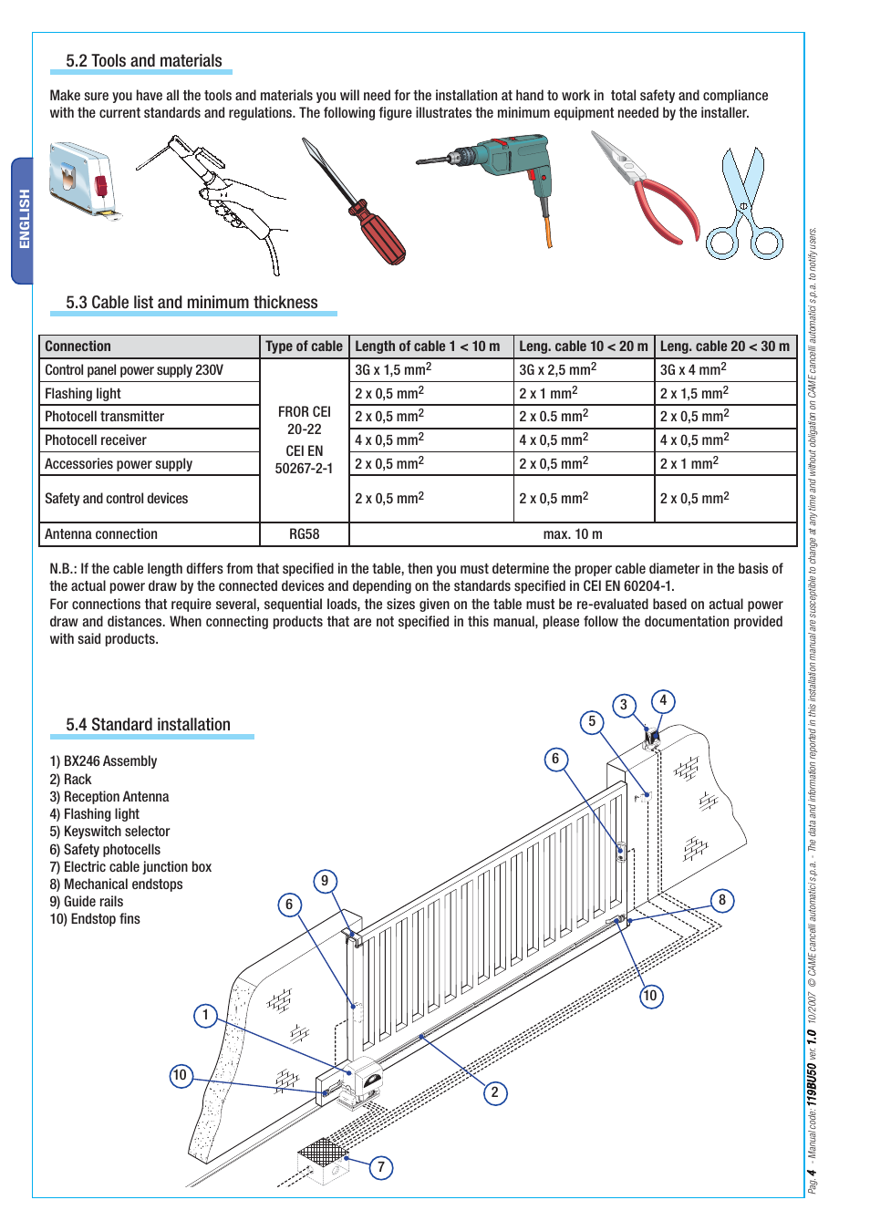 3 cable list and minimum thickness, 2 tools and materials, 4 standard installation | CAME BX-246 Kit User Manual | Page 4 / 24