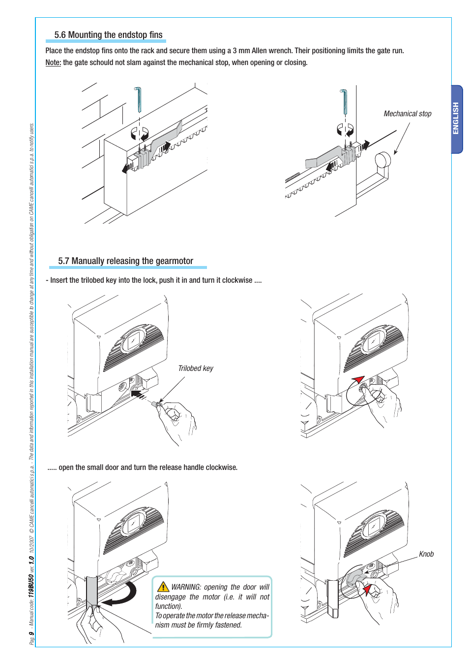 7 manually releasing the gearmotor, 6 mounting the endstop fins | CAME BX-246 Kit User Manual | Page 9 / 24