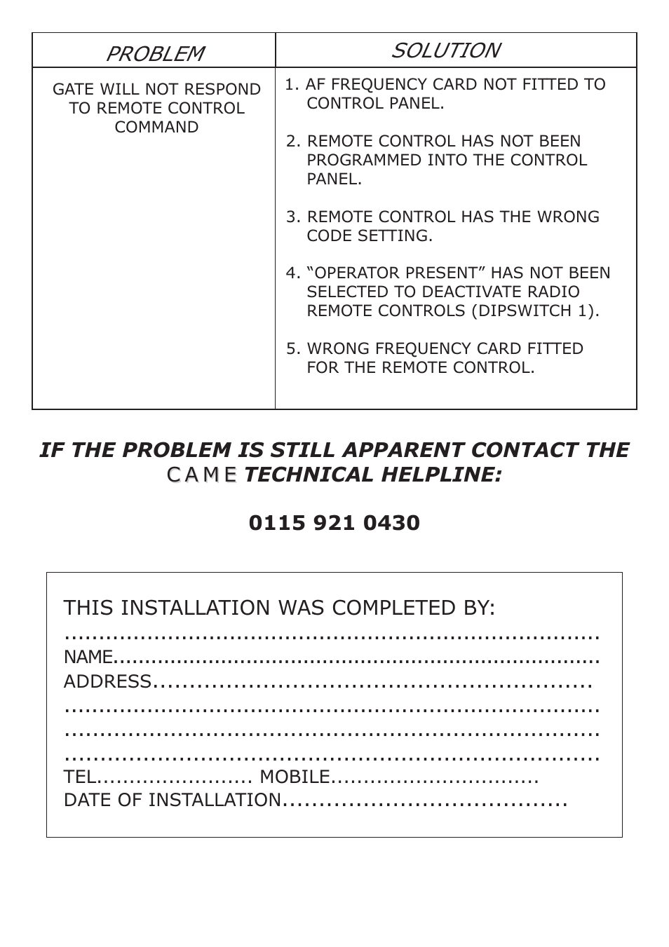 Problem solution | CAME Frog-AES24 Kit User Manual | Page 21 / 32