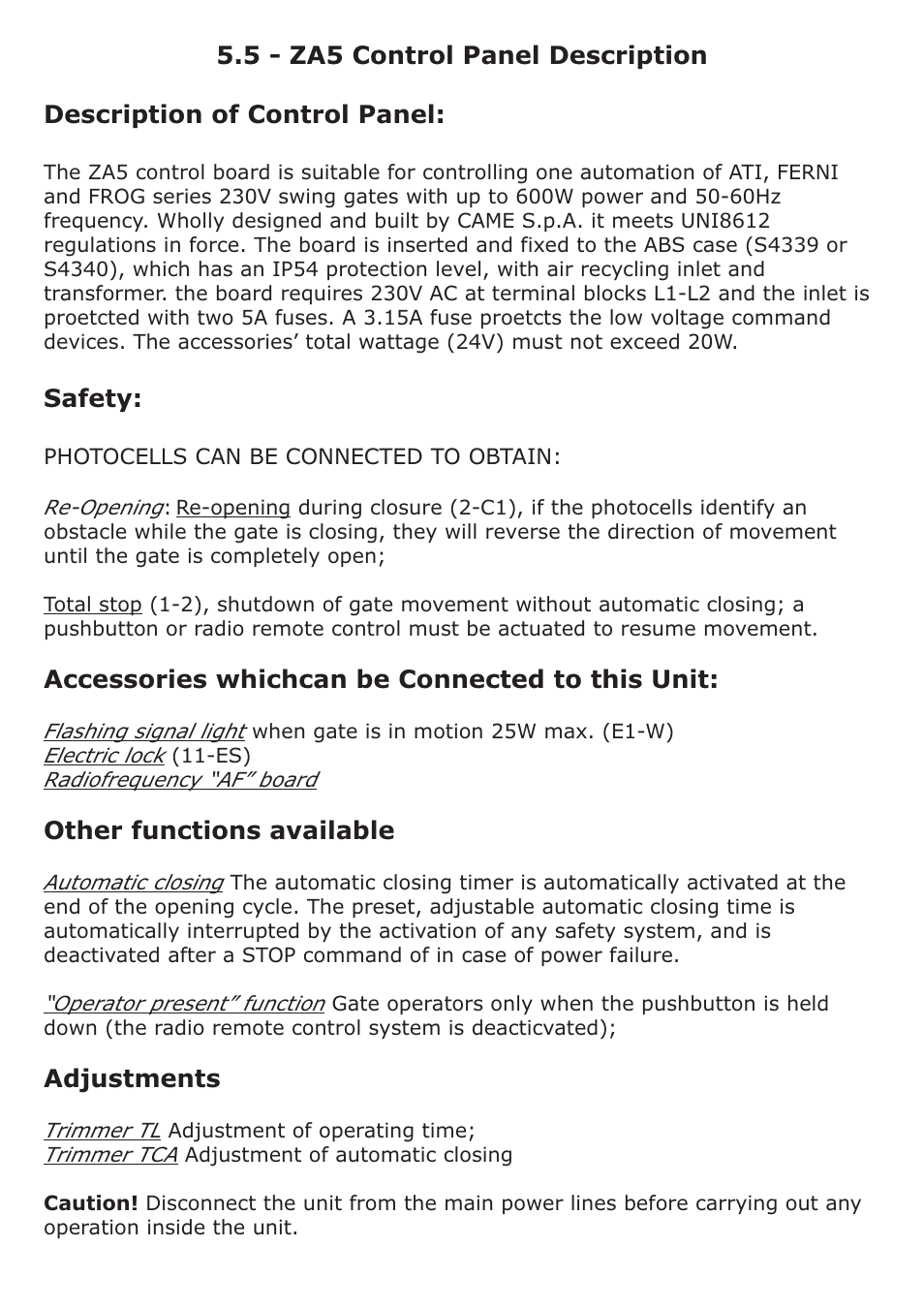 Safety, Accessories whichcan be connected to this unit, Other functions available | Adjustments | CAME Frog-AES24 Kit User Manual | Page 24 / 32
