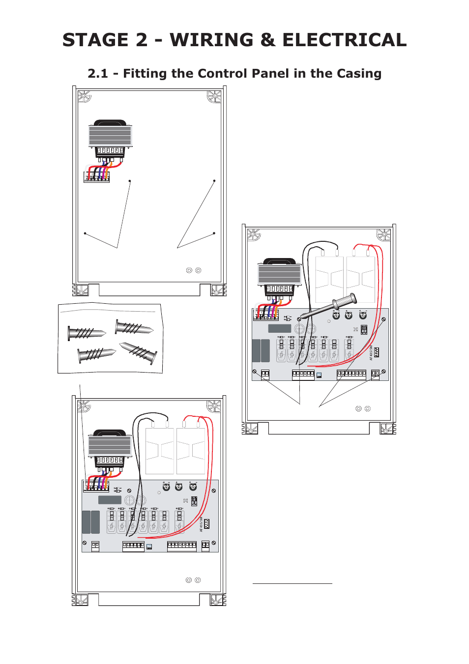 Stage 2 - wiring & electrical, 1 - fitting the control panel in the casing, Screws screw positioning holes | Green connector point fastening screws | CAME Ati-P324 Kit User Manual | Page 10 / 36