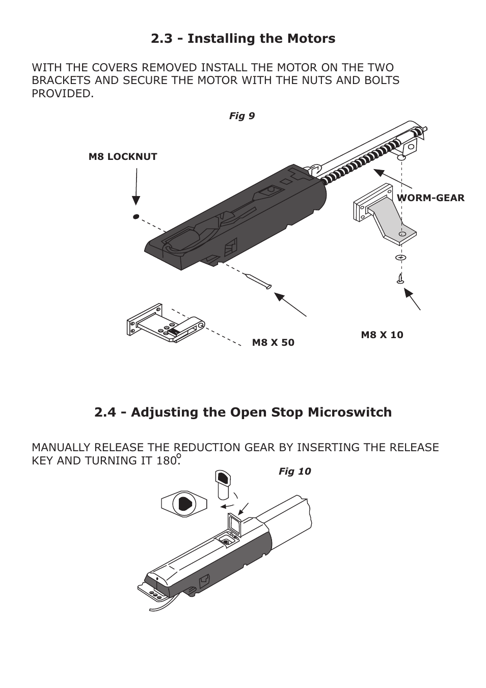 4 - adjusting the open stop microswitch, 3 - installing the motors | CAME Ati-P324 Kit User Manual | Page 12 / 36
