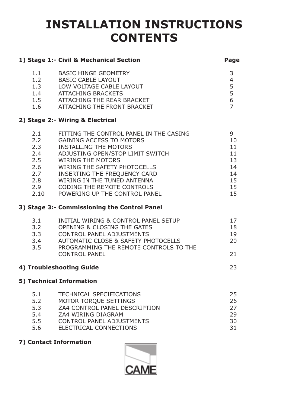 Installation instructions contents | CAME Ati-P324 Kit User Manual | Page 3 / 36