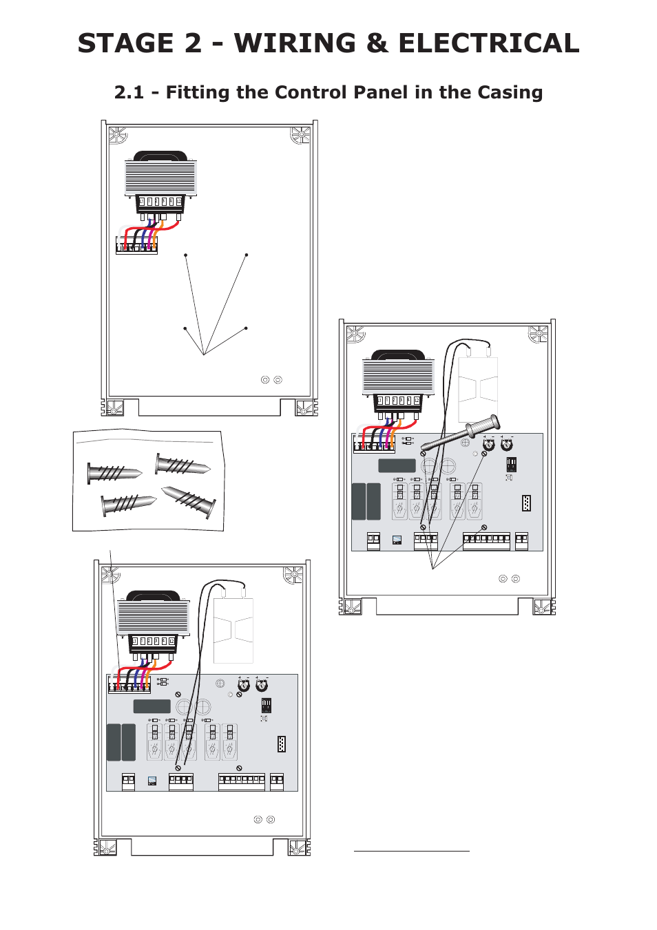 Stage 2 - wiring & electrical, 1 - fitting the control panel in the casing, Screws screw positioning holes | Green connector point fastening screws | CAME Ati-S324 Kit User Manual | Page 10 / 36