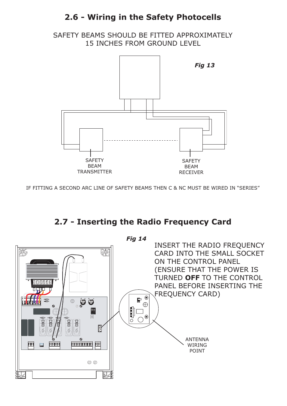 6 - wiring in the safety photocells, 7 - inserting the radio frequency card, Fig 13 | Fig 14, Antenna wiring point, Control panel | CAME Ati-S324 Kit User Manual | Page 15 / 36