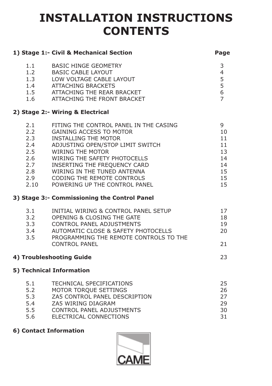 Installation instructions contents | CAME Ati-S324 Kit User Manual | Page 3 / 36