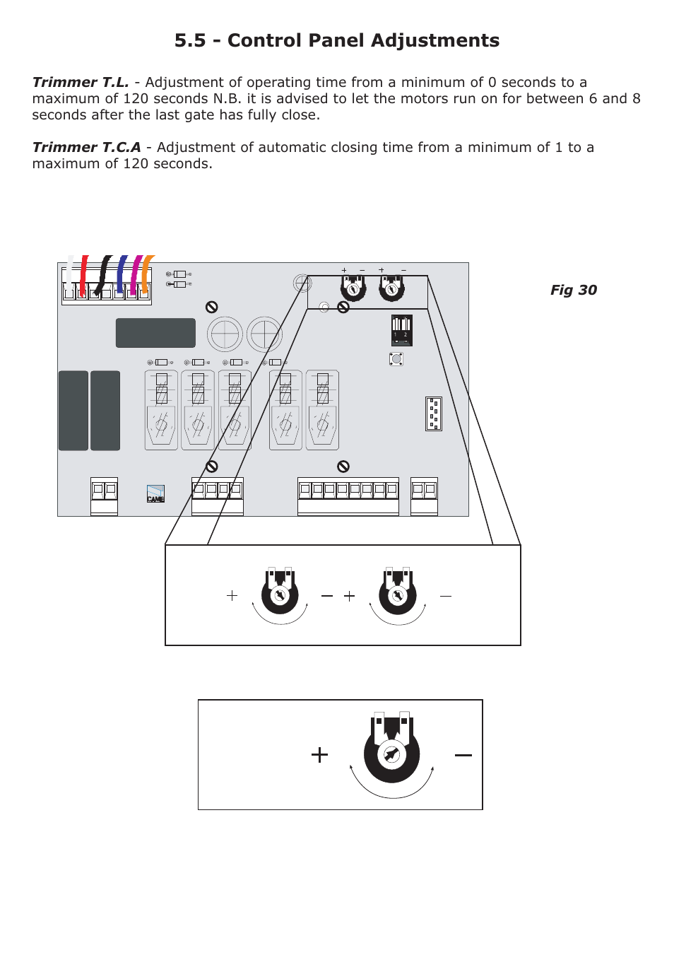 5 - control panel adjustments, T.l t.c.a trimmers adjustment | CAME Ati-S324 Kit User Manual | Page 31 / 36